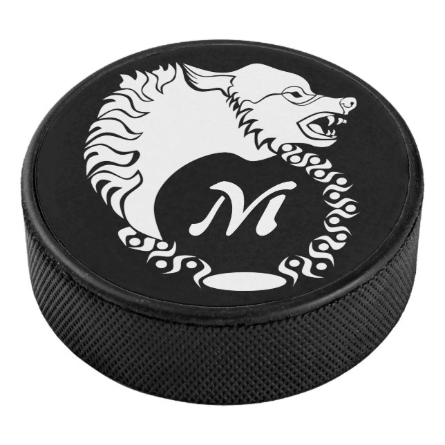 Tribal White Wolf Head Silhouette Laurel Monogram Hockey Puck (3/4)