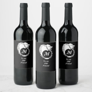Tribal White Wolf Head Silhouette Laurel Monogram Wine Label