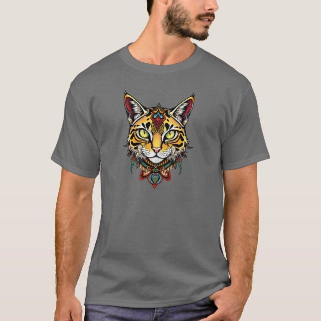 Tribal Wildcat Head Graphic Tee with Ornate Design (Front)