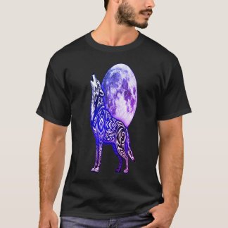 Tribal Wolf Howling at Moon T-Shirt | Mystical Blu