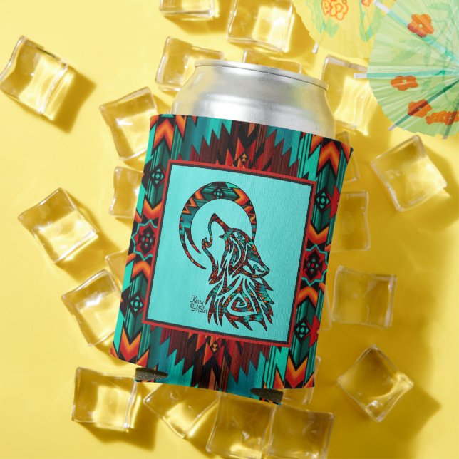 Tribal Wolf Howling At The Moon Can Cooler (In Situ Summer)