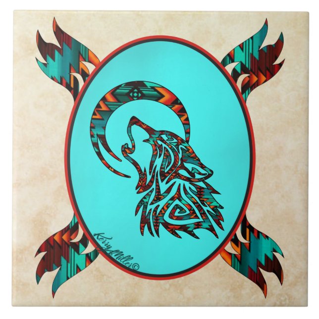Tribal Wolf Howling At The Moon Ceramic Tile (Front)
