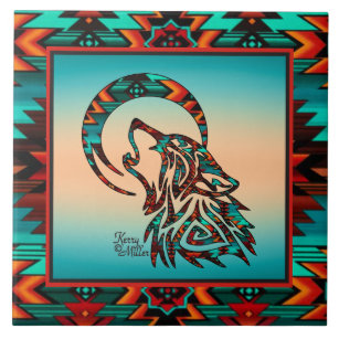 Tribal Wolf Howling At The Moon Ceramic Tile
