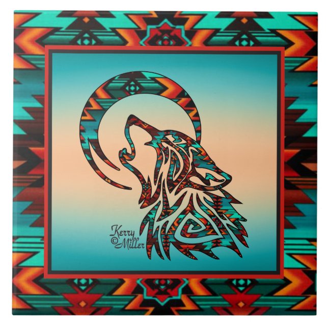 Tribal Wolf Howling At The Moon Ceramic Tile (Front)