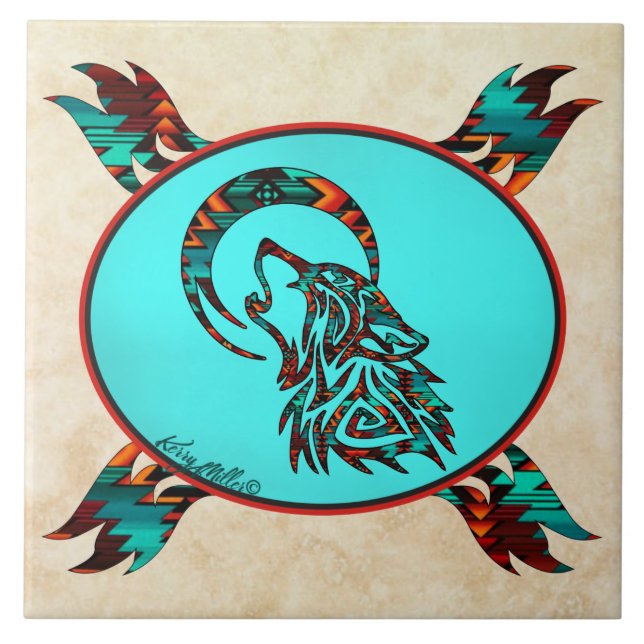 Tribal Wolf Howling At The Moon Ceramic Tile (Front)