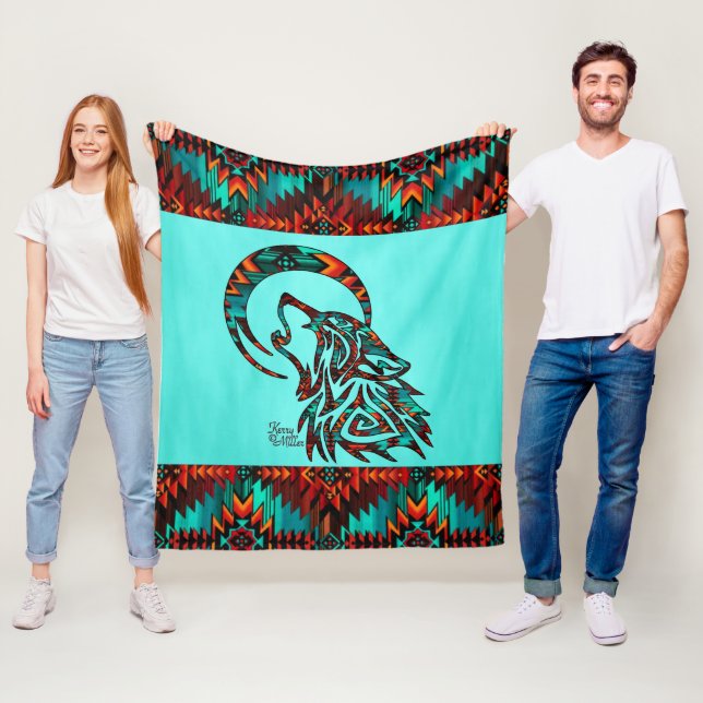 Tribal Wolf Howling At The Moon Fleece Blanket (In Situ)