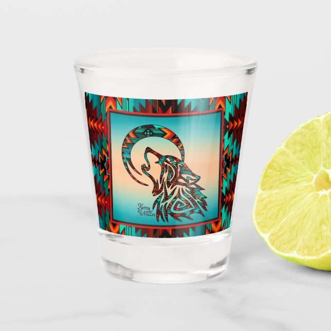 Tribal Wolf Howling At The Moon Shot Glass (Front)