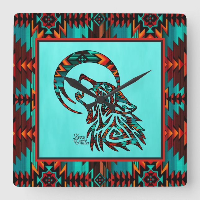 Tribal Wolf Howling At The Moon Square Wall Clock (Front)