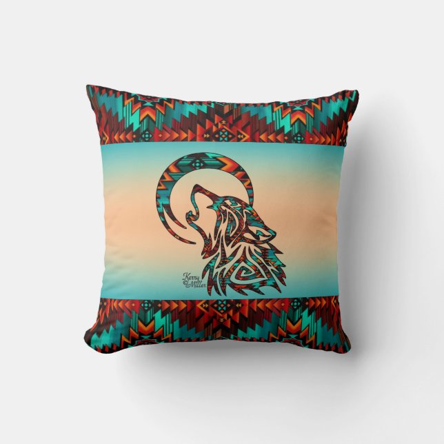 Tribal Wolf Howling At The Moon Throw Pillow (Front)