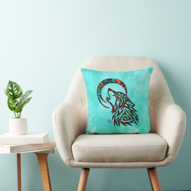 Tribal Wolf Howling At The Moon Throw Pillow (Chair)