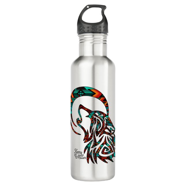 Tribal Wolf Howling Stainless Steel Water Bottle (Front)