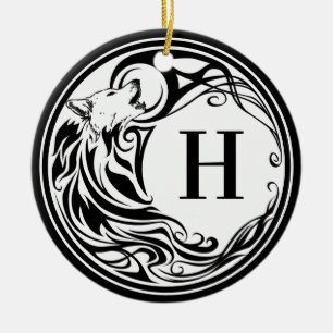 Tribal Wolf Monogram Ceramic Ornament