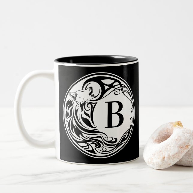 Tribal Wolf Monogram Two-Tone Coffee Mug (With Donut)