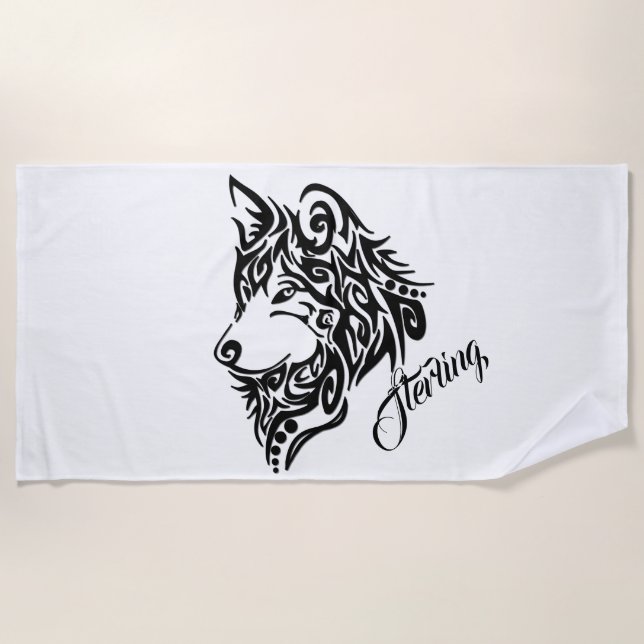 Tribal Wolf Personalized  Beach Towel (Front)