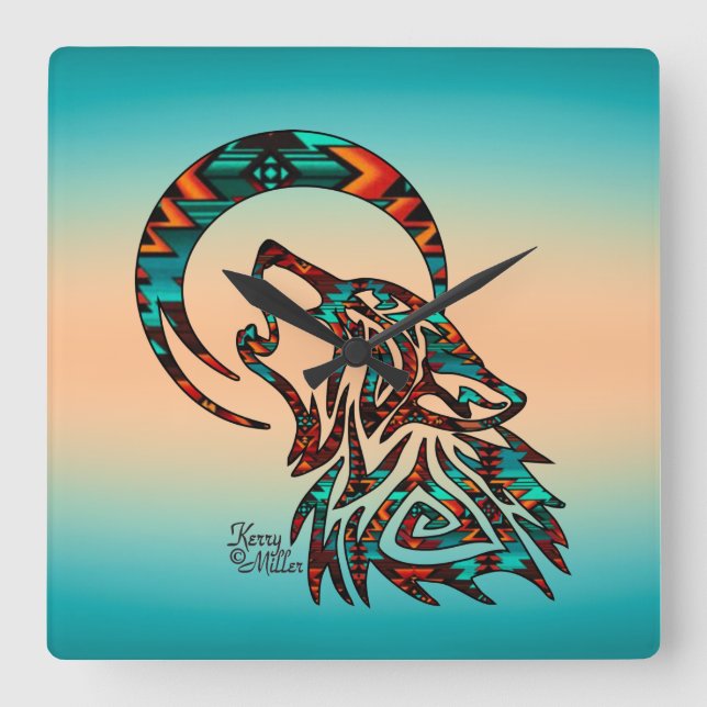 Tribal Wolf Square Wall Clock (Front)