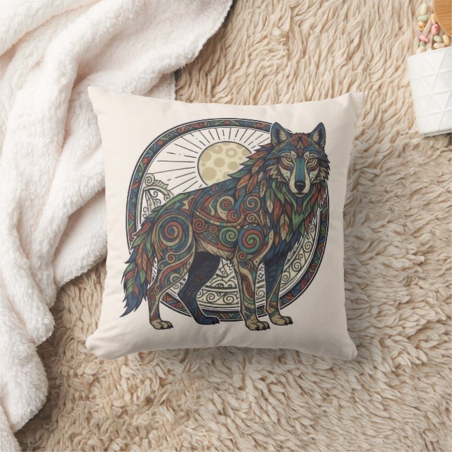 Tribal Wolf Throw Pillow (Blanket)
