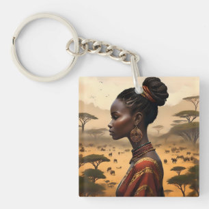 Tribal Woman Watching Over Her African Landscape, Keychain