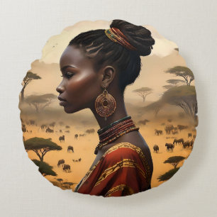Tribal Woman Watching Over Her African Landscape, Round Pillow