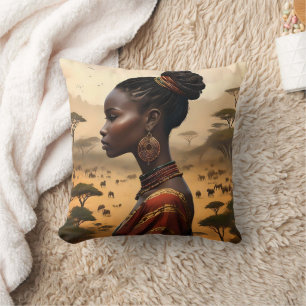 Tribal Woman Watching Over Her African Landscape, Throw Pillow