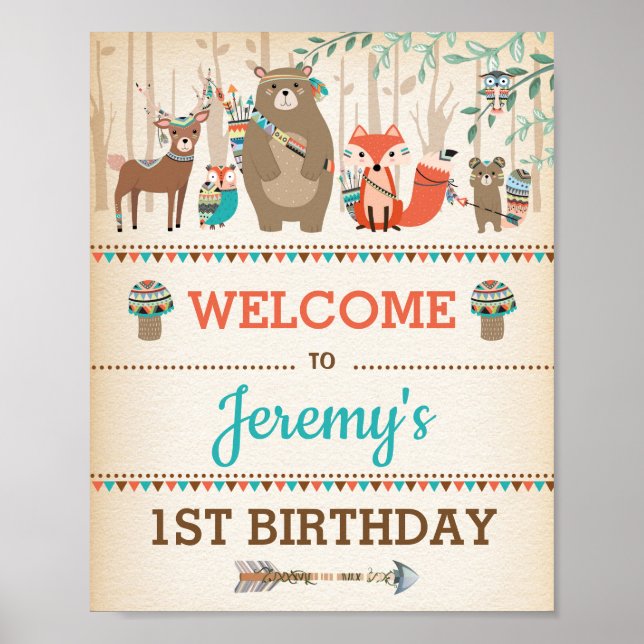 Tribal Woodland Animal 1st Birthday WILD ONE Party Poster (Front)