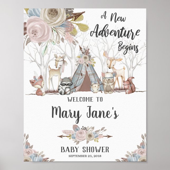 Tribal Woodland Animals Baby Girl Shower Welcome Poster (Front)
