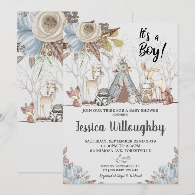 Tribal Woodland Animals Baby Shower Baby Boy Invitation (Front/Back)