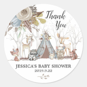 Tribal Woodland Animals Baby Shower Boy Thank You Classic Round Sticker