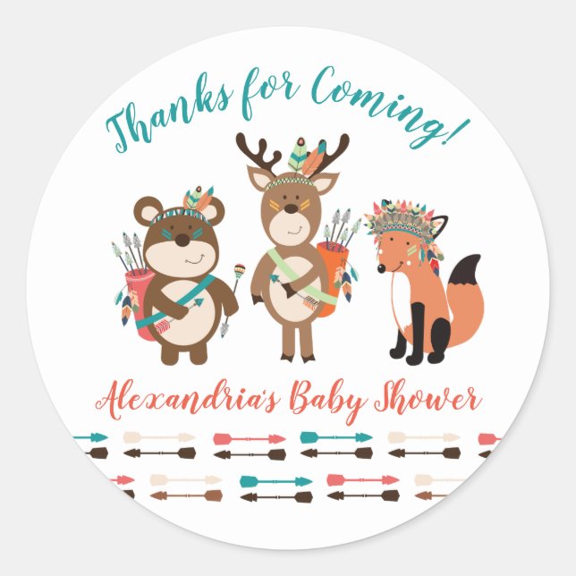 Tribal Woodland Animals Baby Shower Favour Sticker (Front)