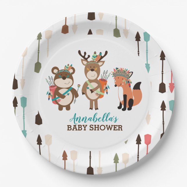 Tribal Woodland Animals Boho Arrow Paper Plate (Front)