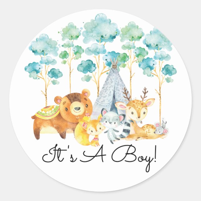 Tribal Woodland Animals It' a Boy Favour Sticker (Front)