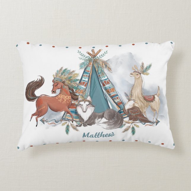 Tribal Woodland Animals Teepee Feathers Arrows Accent Pillow (Front)