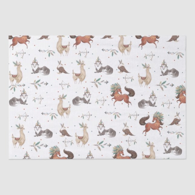 Tribal Woodland Animals Teepee Feathers Decoupage Tissue Paper (Front)
