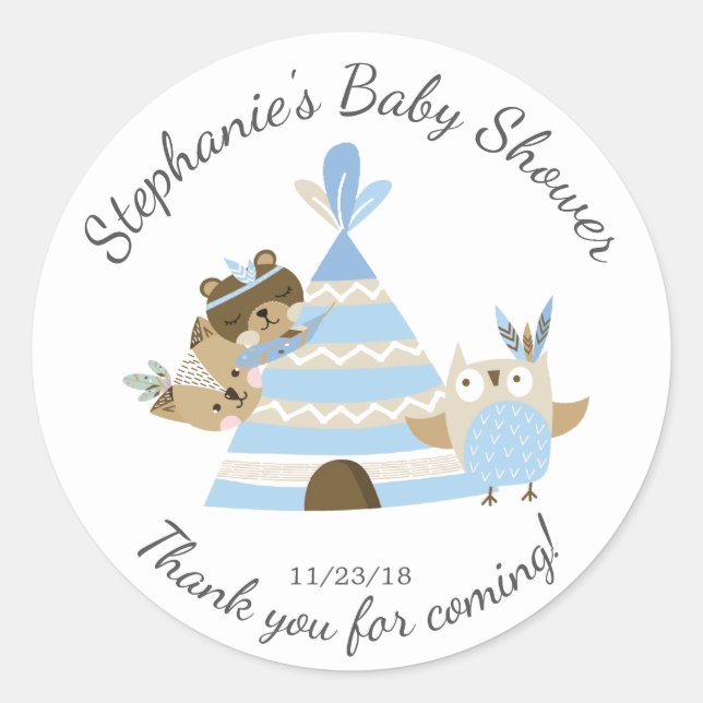 Tribal Woodland Boys Baby Shower Favour Sticker (Front)