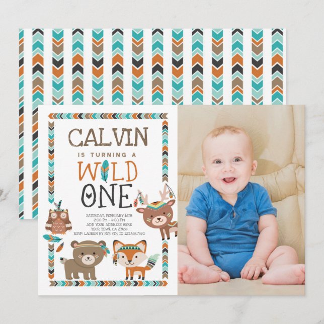 Tribal Woodland, WILD ONE, 1ST Birthday Invitation (Front/Back)