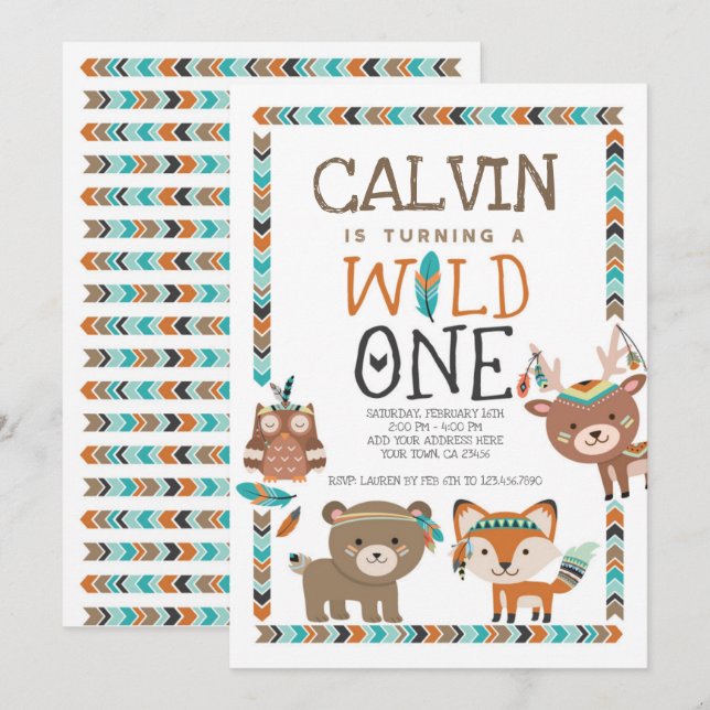 Tribal Woodland, Wild One, 1st Birthday Invitation (Front/Back)