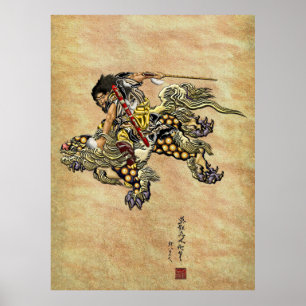 Tribute to Hokusai - Shoki Riding Shishi Lion Poster