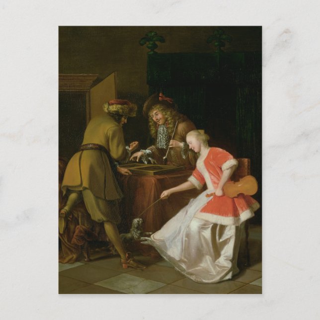 Tric-trac Players with a Lady and Her Dog Postcard (Front)