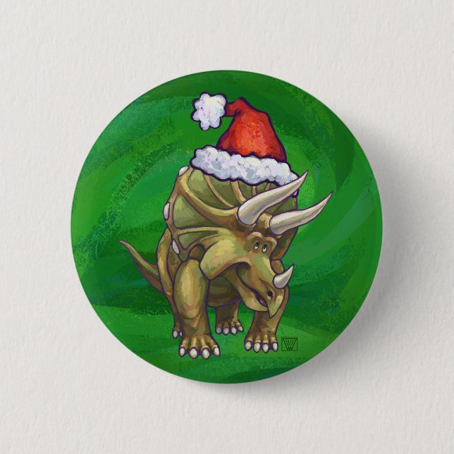 Triceratops Christmas Green 2 Inch Round Button (Front)