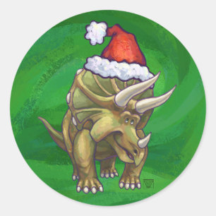 Triceratops Christmas Green Classic Round Sticker