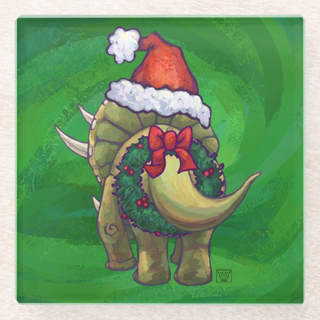 Triceratops Christmas Green Glass Coaster (Front)