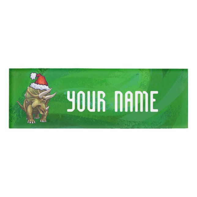 Triceratops Christmas Green Name Tag (Front)