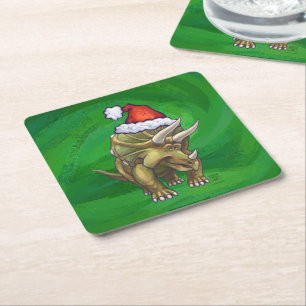 Triceratops Christmas Green Square Paper Coaster