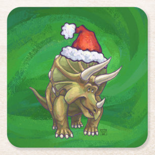 Triceratops Christmas Green Square Paper Coaster