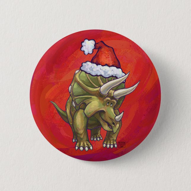 Triceratops Christmas On Red 2 Inch Round Button (Front)