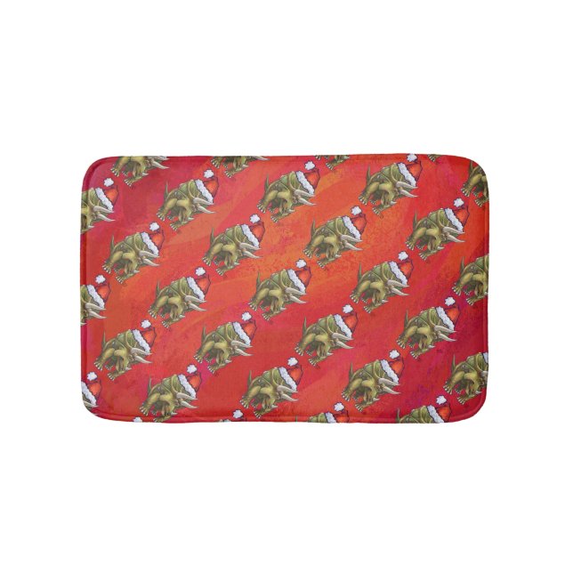 Triceratops Christmas On Red Bath Mat (Front)