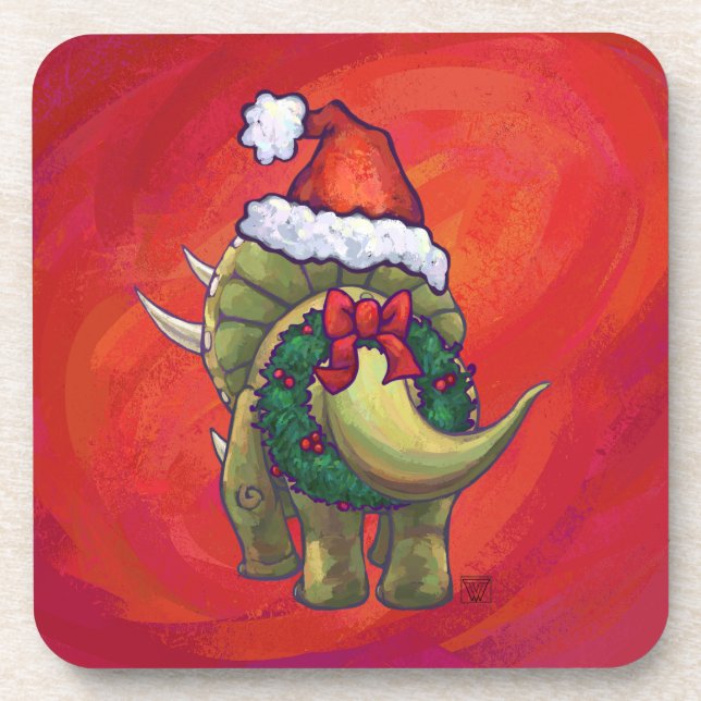 Triceratops Christmas On Red Coaster (Front)