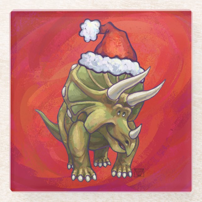 Triceratops Christmas On Red Glass Coaster (Front)