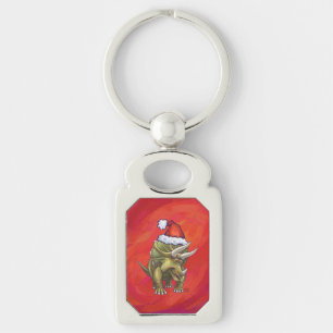 Triceratops Christmas On Red Keychain