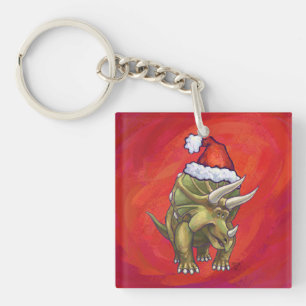Triceratops Christmas On Red Keychain