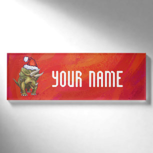 Triceratops Christmas On Red Name Tag
